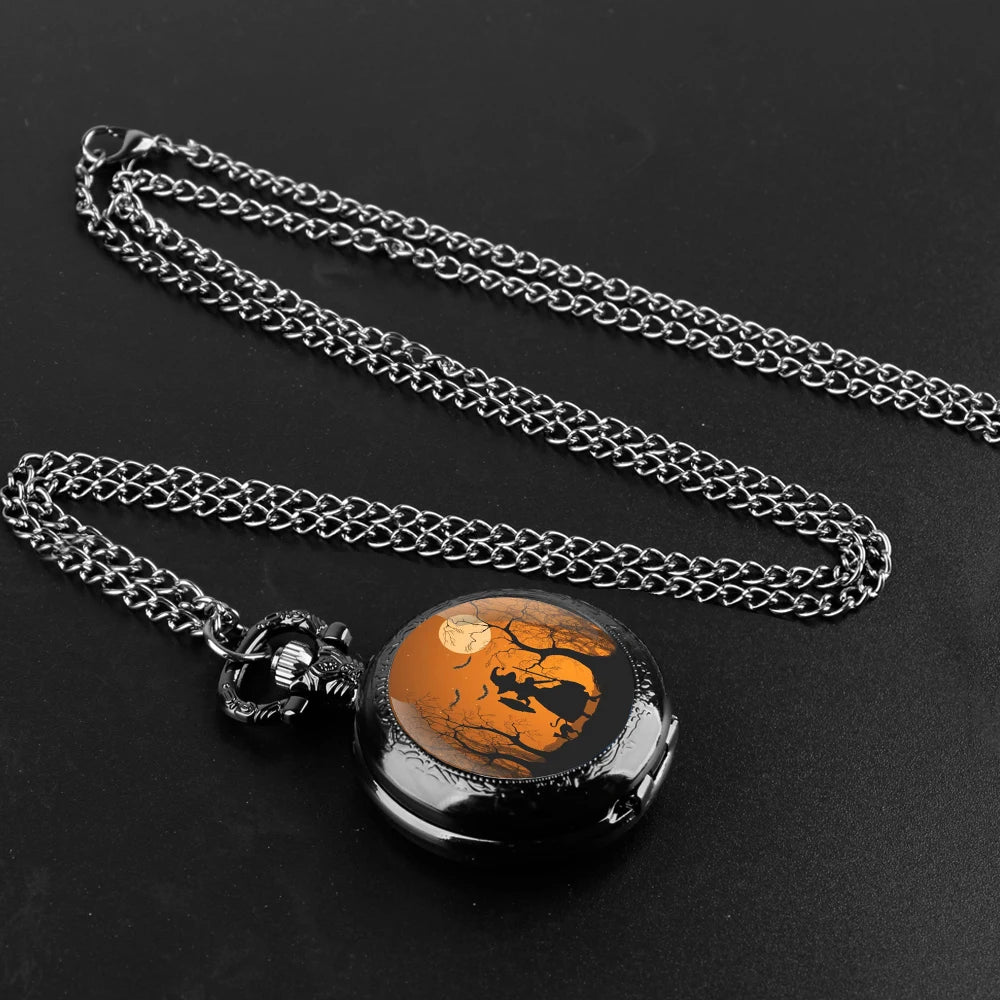 Halloween Witch Glass Dome Black Quartz Pocket Watch with Arabic Numerals Dial and Durable Chain Gift for Men Women