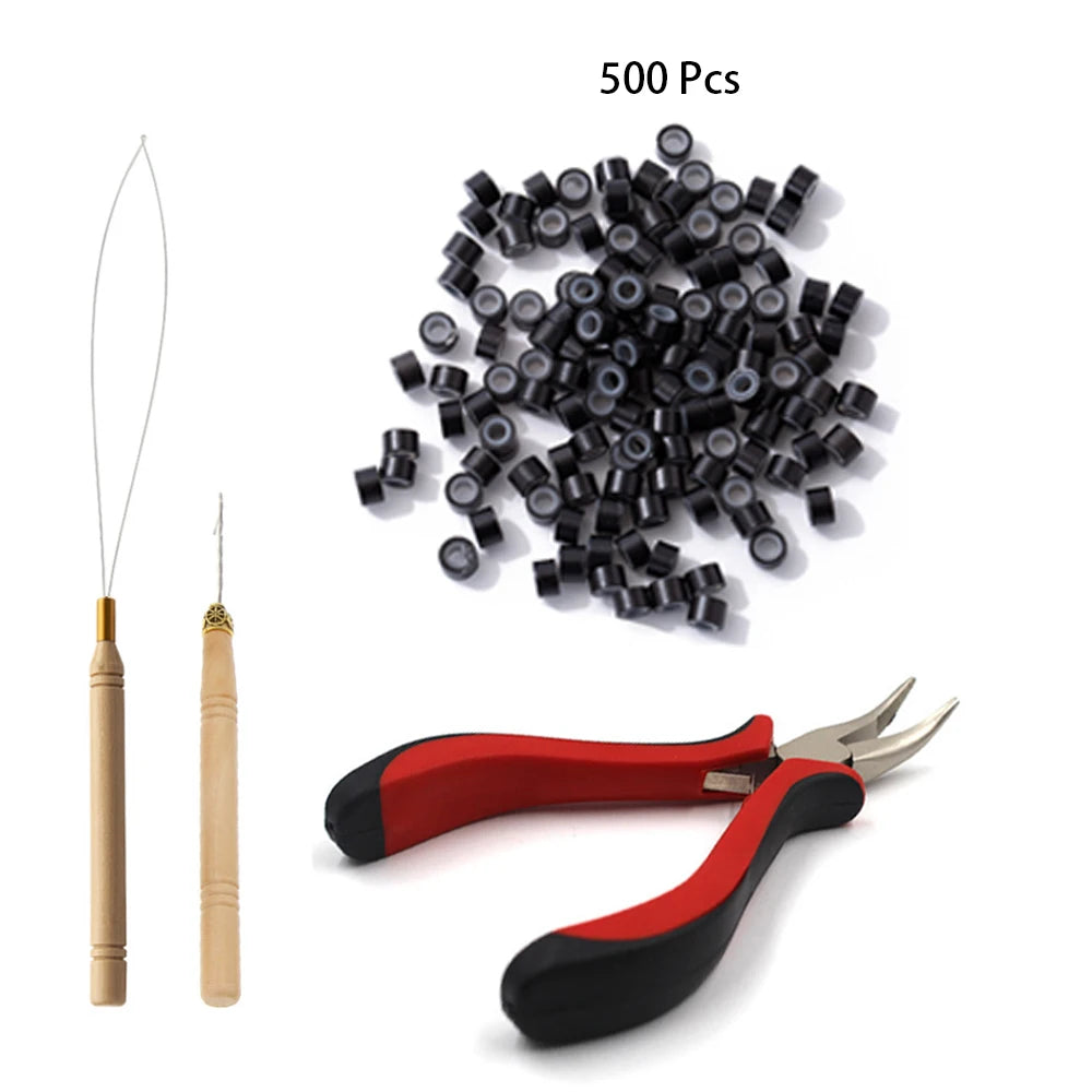 Hair Extensions Tools Kit 500 Pcs Black Dark Brown Light Brown Gold Micro Ring Beads 1 Micro Beads Plier 1 Hook Needle Pulling