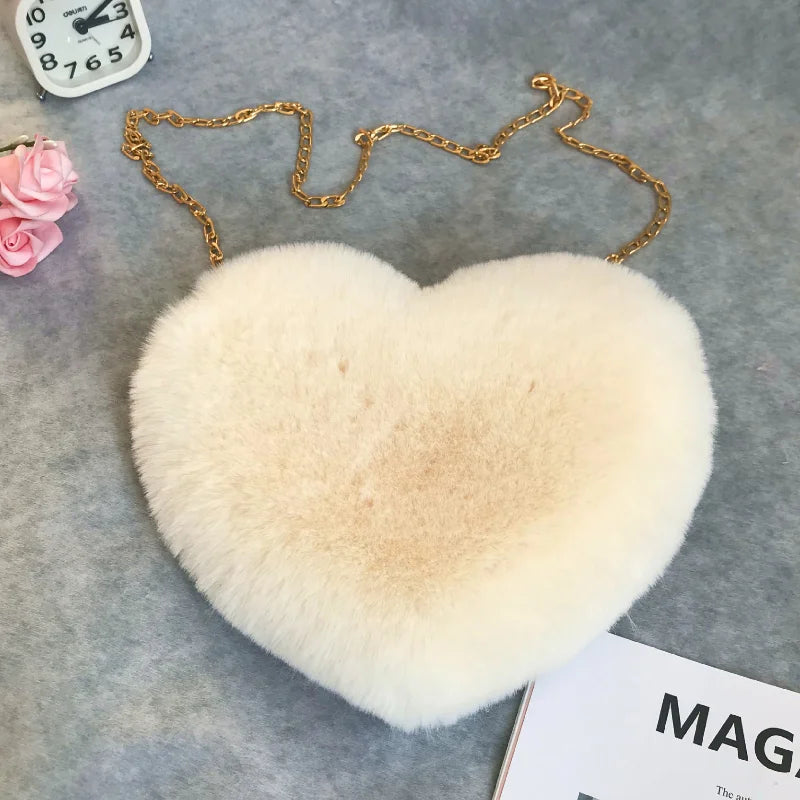 Heart Shaped Fluffy Shoulder Bag Fashion Chain Crossbody Bag