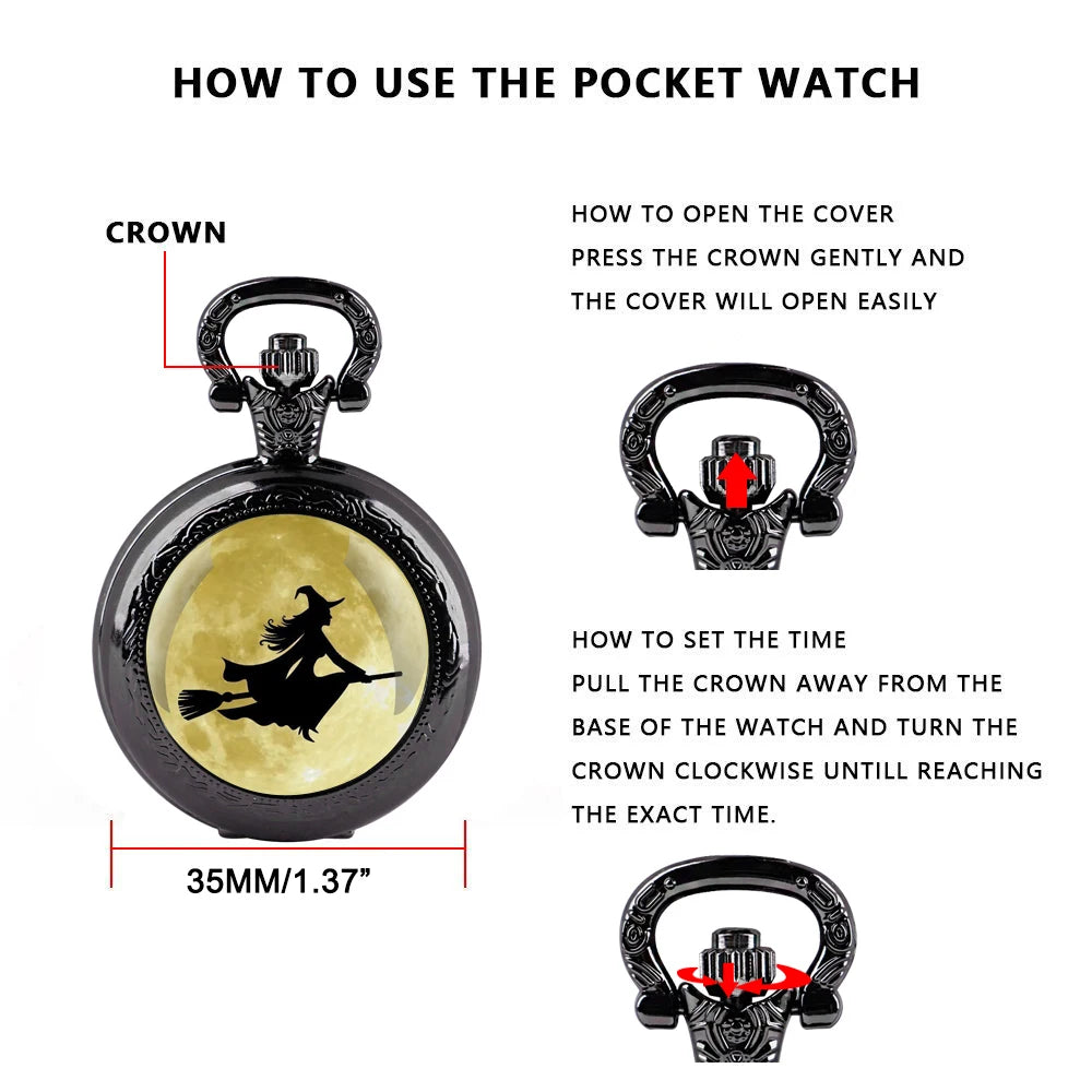 A Witch on A Broomstick Glass Dome Quartz Pocket Watch With Durable Chain Arabic Numeral Dial Halloween Gifts for Men Women Kids
