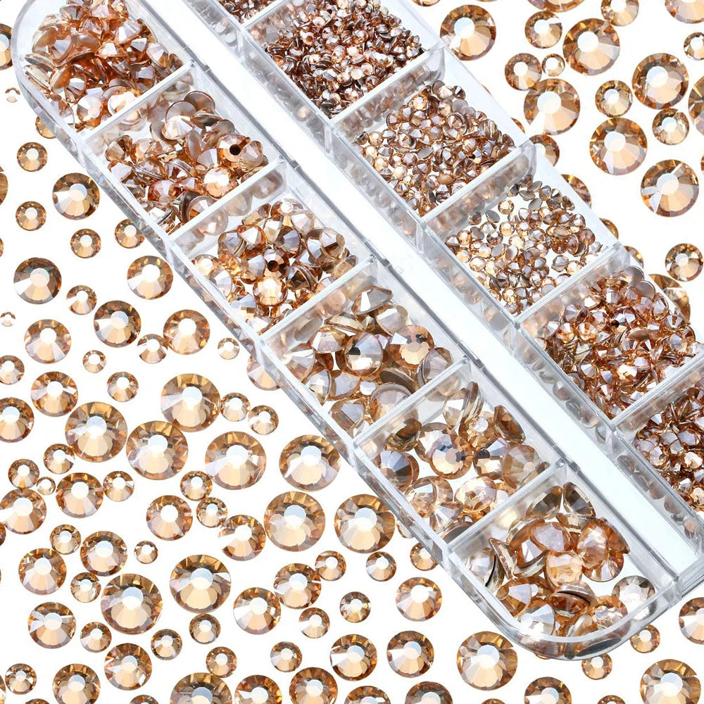 12Grids SS6-SS30 Mixed Nail Rhinestones Shiny Clear/Gold/Pink/Blue Diamond Flat-back Nail Gems Glass Stones Nails Decoration