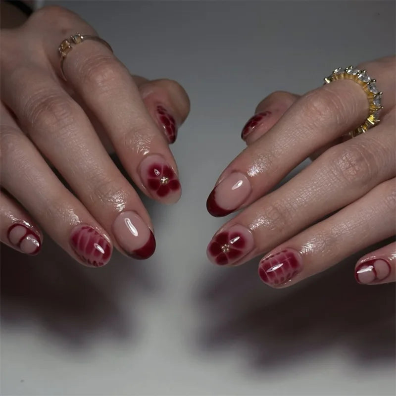 24pcs White Flower Fake Nail Tips Ins Yellow Pink Blush False Nails Wearable Full Cover European Almond Shaped Press on Nails