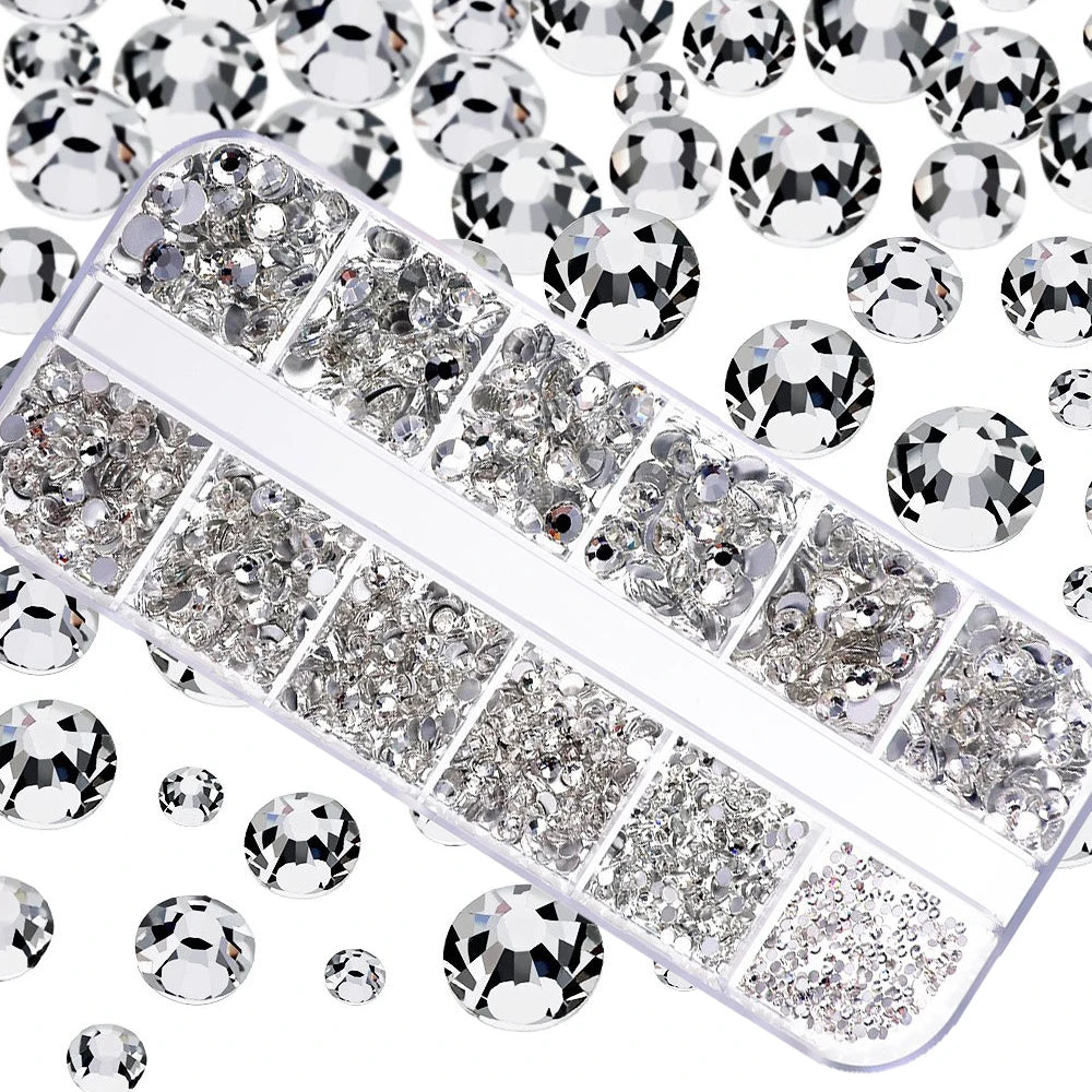 12Grids SS6-SS30 Mixed Nail Rhinestones Shiny Clear/Gold/Pink/Blue Diamond Flat-back Nail Gems Glass Stones Nails Decoration
