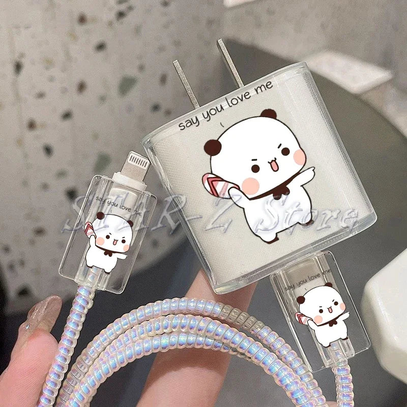 Bubu Dudu Couple Baby Bear Panda Protection Case for IPhone 15 14 13 Pro Max 18/20W Charger&Charging Protector Data Wire Winder