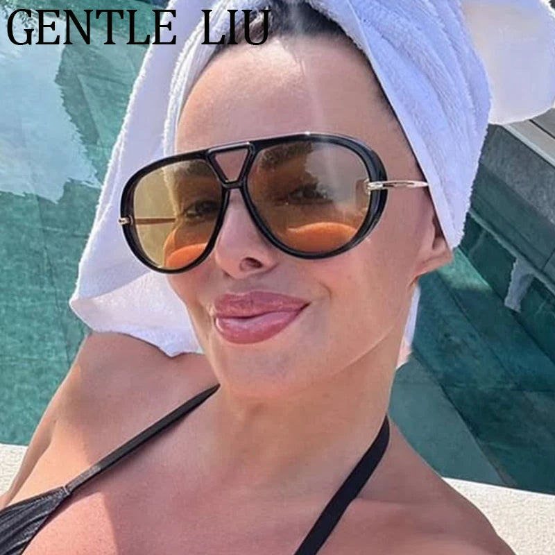 Oversized Pilot Oval Punk Sunglasses Women 2025 Luxury Vintage Big Frame Double Beam Sun Glasses For Lady Outdoor Eyewear UV400