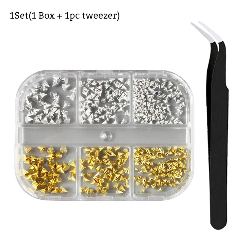 6 Grids Punk Nail Rivets Spikes Metal Studs Gold/Silver/Black Round Cone Nail Art Charms Mixed Size Nail Parts DIY Decoration