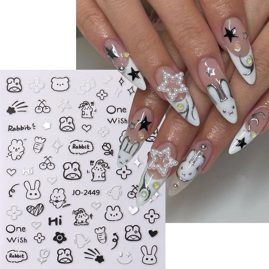 2Pcs Cartoon Cute Cat Nail Childlike Stickers Holographic Love Heart Bronzing Star Sliders Silver Chrome Nail Art Manicure Decor