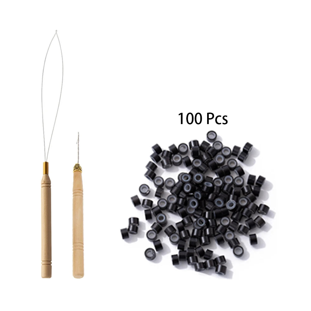 Hair Extensions Tools Kit 500 Pcs Black Dark Brown Light Brown Gold Micro Ring Beads 1 Micro Beads Plier 1 Hook Needle Pulling