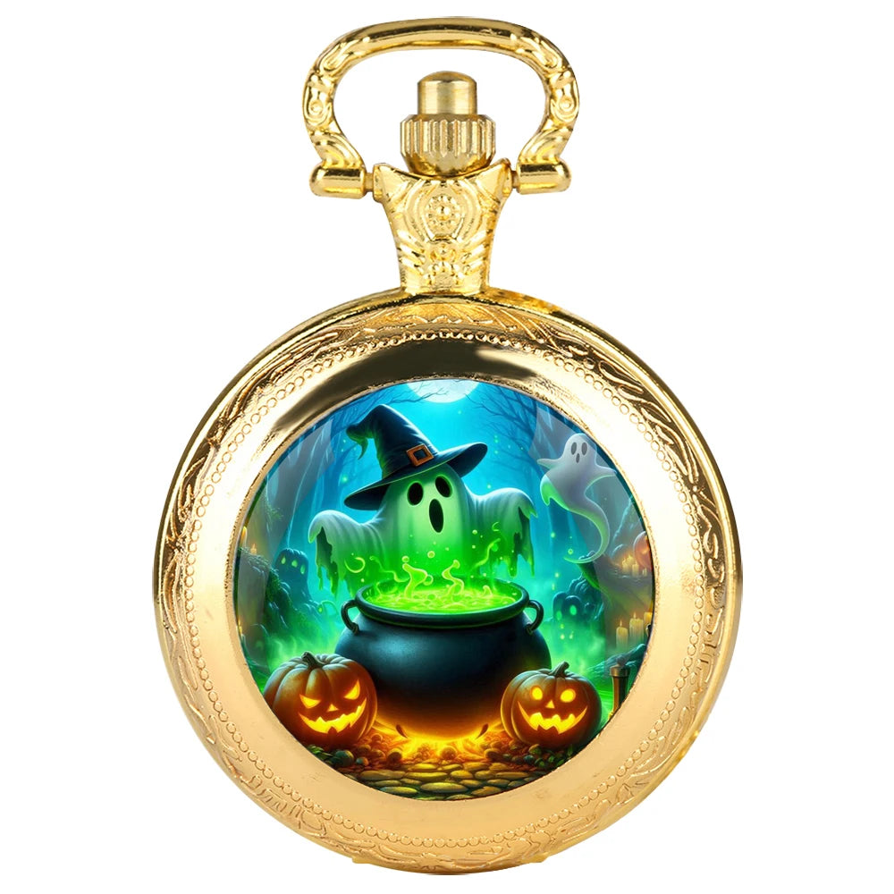 Halloween Mysterious Witch Glass Dome Black Quartz Pocket Watch with Arabic Numerals Dial and Durable Chain Gift for Men Women