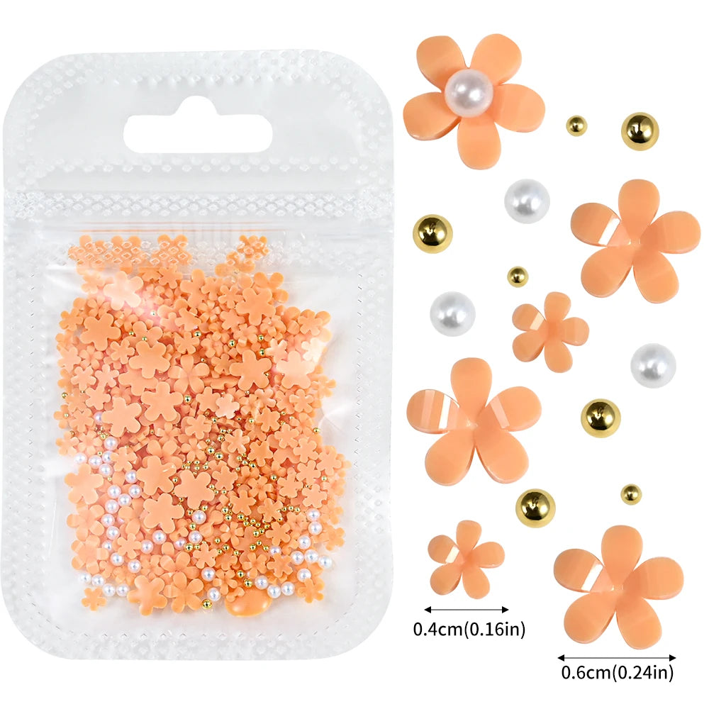 5G (450pcs) White Pink Blossom Spring Acrylic Flower Nail Rhinestones Mixed Pearl Beads 3D Floral Nail Gems White Resin Nail Par