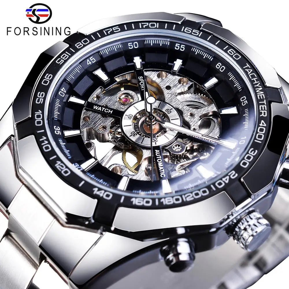 Forsining 2025 Stainless Steel Waterproof Mens Skeleton Watches