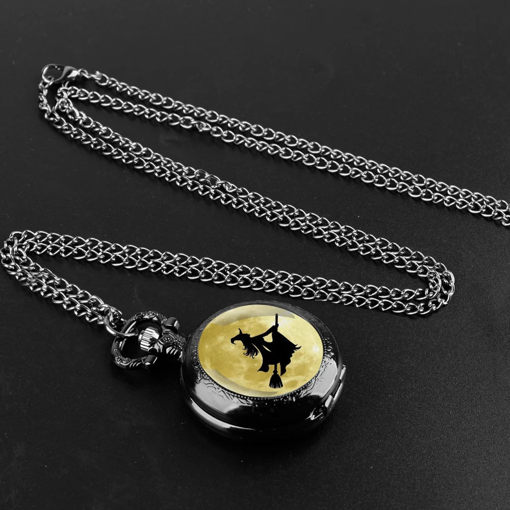 A Witch on A Broomstick Glass Dome Quartz Pocket Watch With Durable Chain Arabic Numeral Dial Halloween Gifts for Men Women Kids