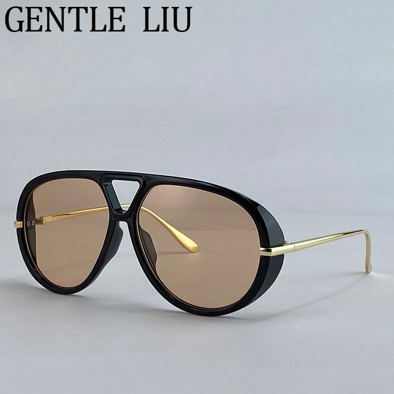 Oversized Pilot Oval Punk Sunglasses Women 2025 Luxury Vintage Big Frame Double Beam Sun Glasses For Lady Outdoor Eyewear UV400