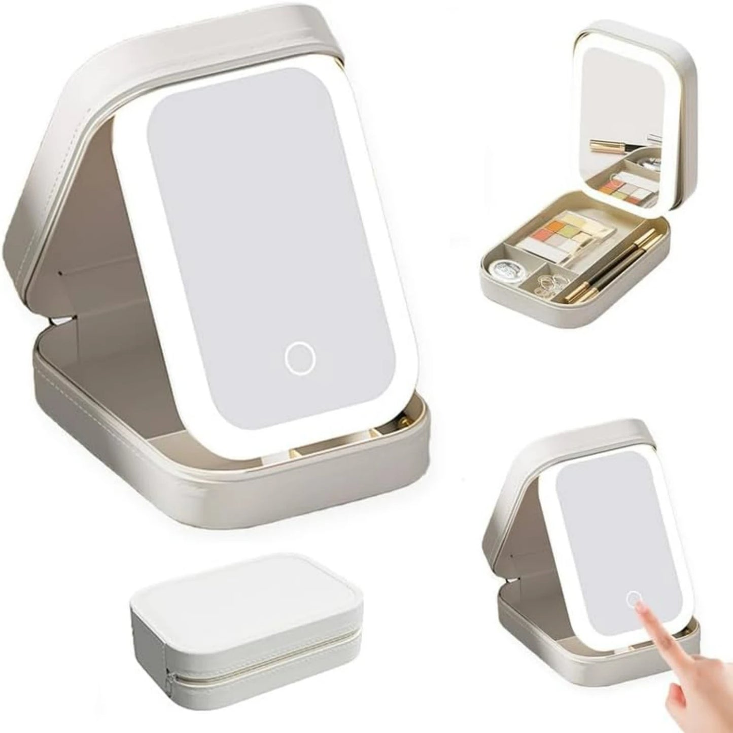 White Portable Travel Makeup Bag with LED Mirror & Rechargeable Lighted Makeup Mirror Adjustable Three-Color LED Make