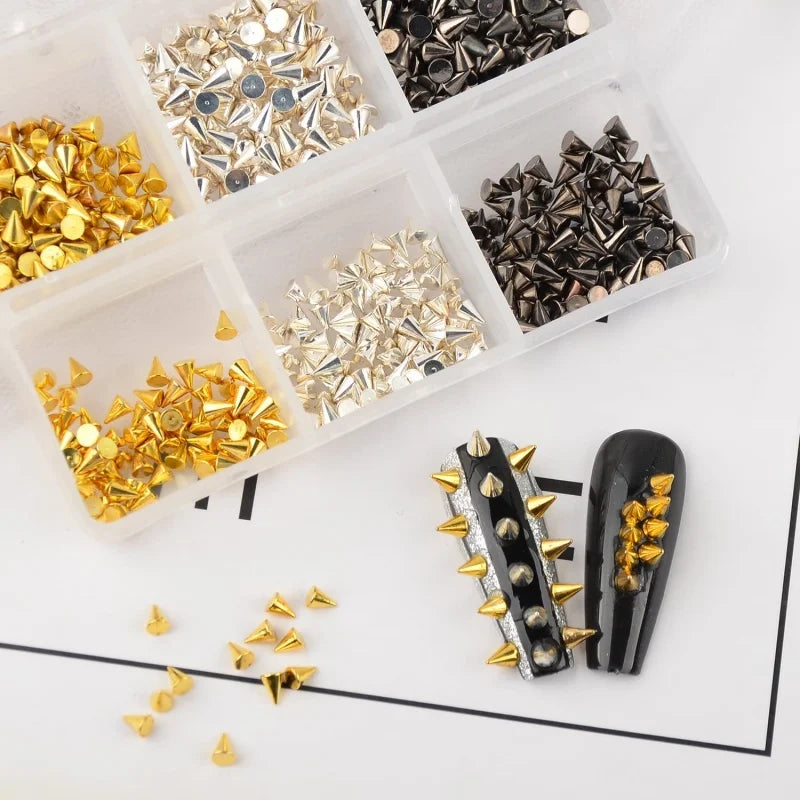 6 Grids Punk Nail Rivets Spikes Metal Studs Gold/Silver/Black Round Cone Nail Art Charms Mixed Size Nail Parts DIY Decoration