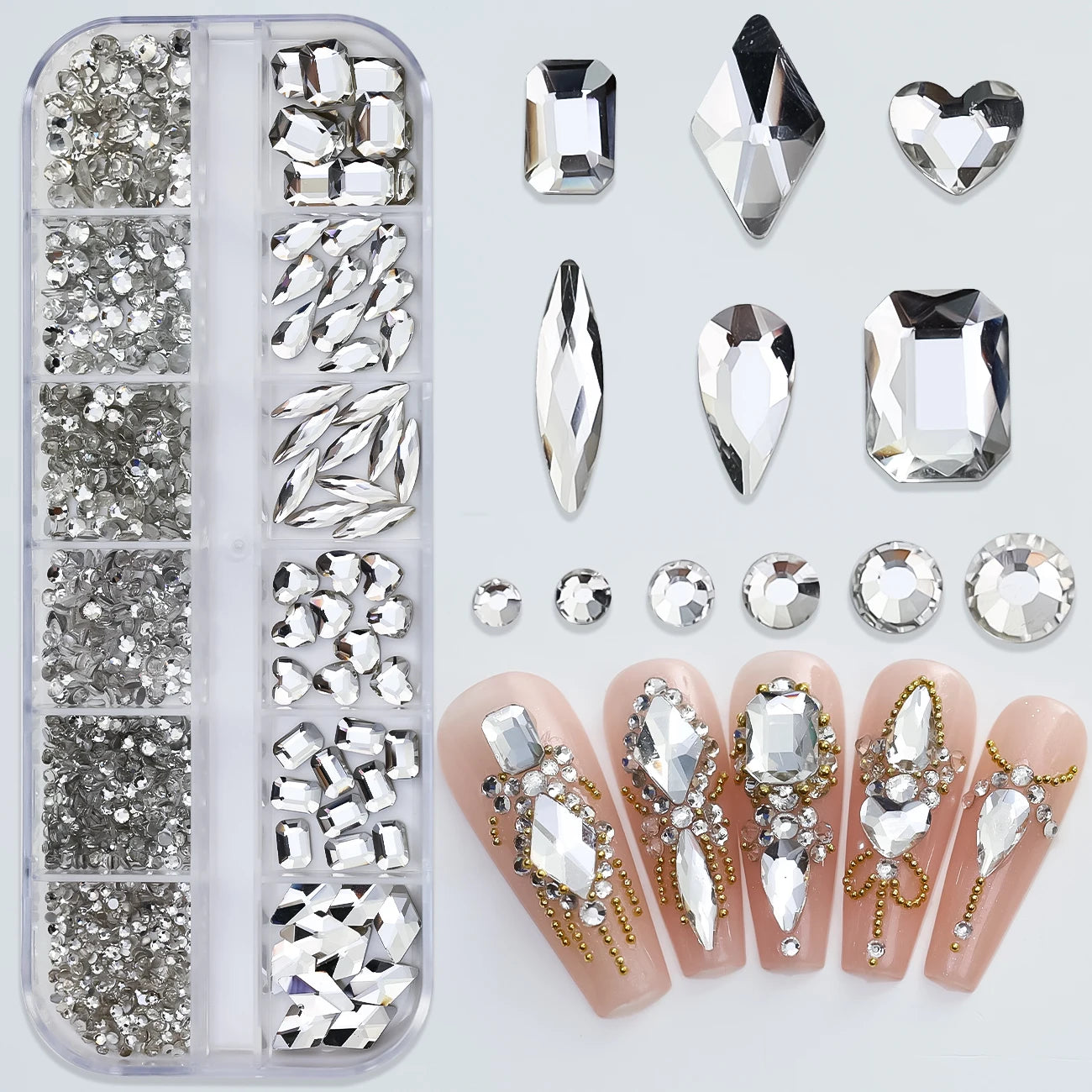 12Grids SS6-SS30 Mixed Nail Rhinestones Shiny Clear/Gold/Pink/Blue Diamond Flat-back Nail Gems Glass Stones Nails Decoration