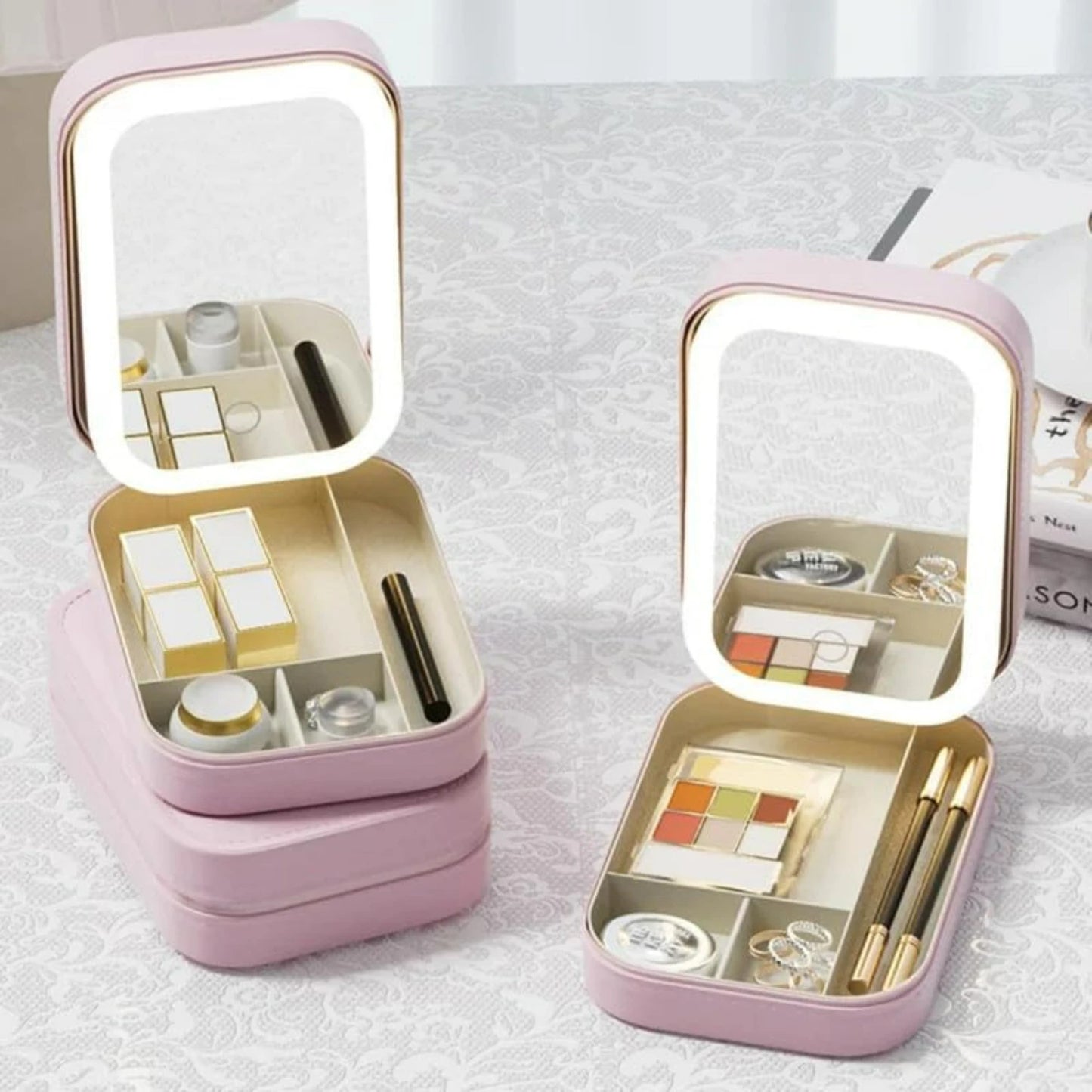 White Portable Travel Makeup Bag with LED Mirror & Rechargeable Lighted Makeup Mirror Adjustable Three-Color LED Make