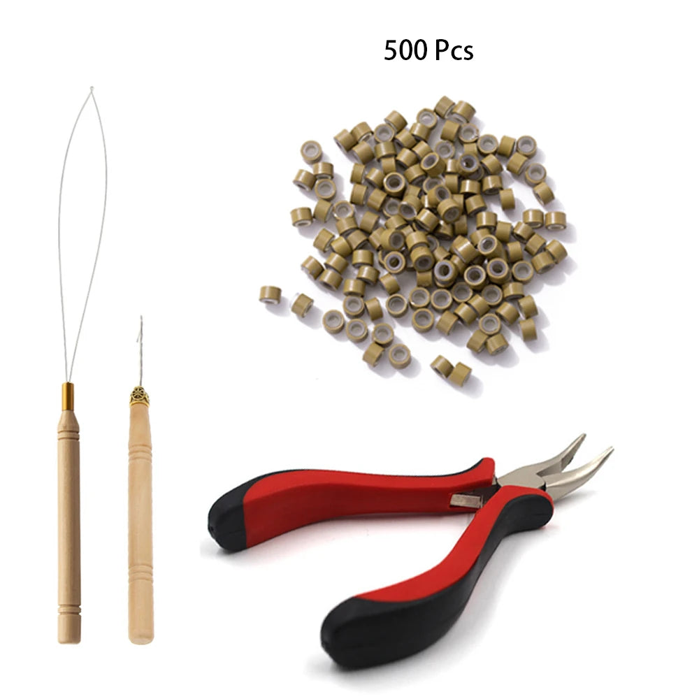 Hair Extensions Tools Kit 500 Pcs Black Dark Brown Light Brown Gold Micro Ring Beads 1 Micro Beads Plier 1 Hook Needle Pulling