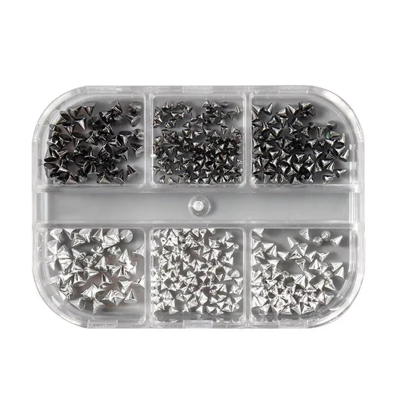 6 Grids Punk Nail Rivets Spikes Metal Studs Gold/Silver/Black Round Cone Nail Art Charms Mixed Size Nail Parts DIY Decoration