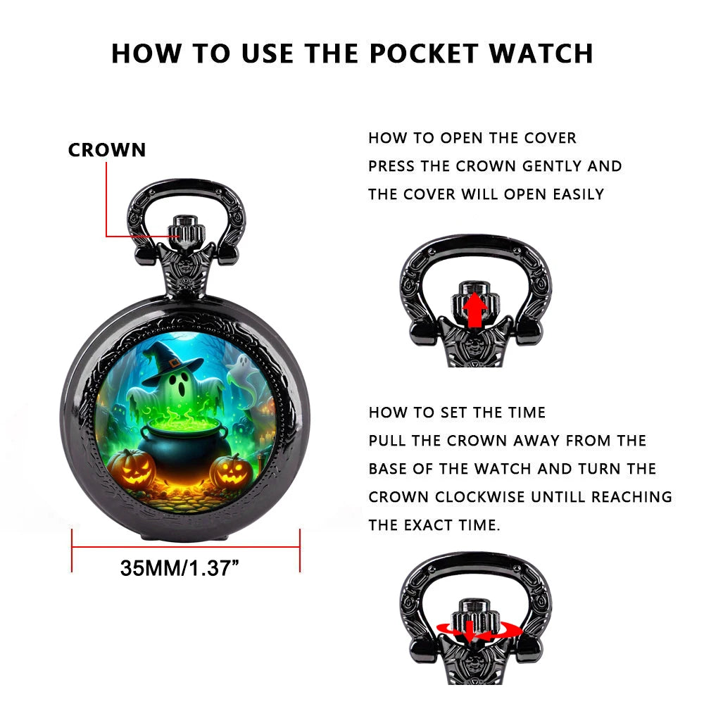 Halloween Mysterious Witch Glass Dome Black Quartz Pocket Watch with Arabic Numerals Dial and Durable Chain Gift for Men Women