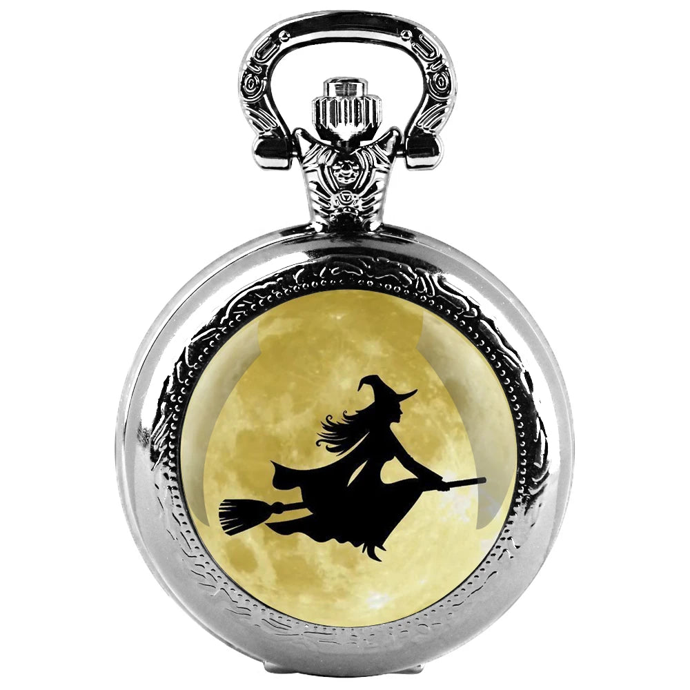 A Witch on A Broomstick Glass Dome Quartz Pocket Watch With Durable Chain Arabic Numeral Dial Halloween Gifts for Men Women Kids