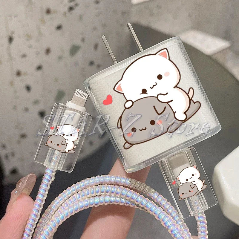 Bubu Dudu Couple Baby Bear Panda Protection Case for IPhone 15 14 13 Pro Max 18/20W Charger&Charging Protector Data Wire Winder