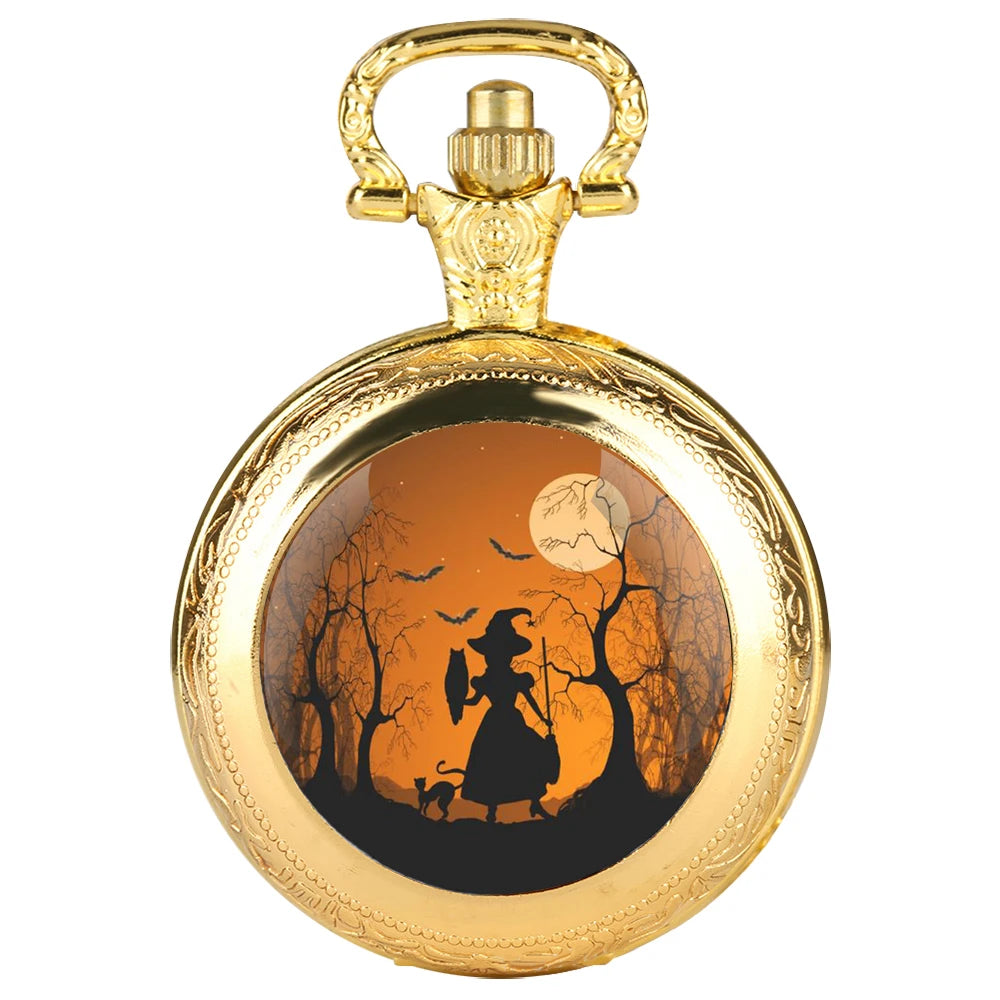 Halloween Witch Glass Dome Black Quartz Pocket Watch with Arabic Numerals Dial and Durable Chain Gift for Men Women