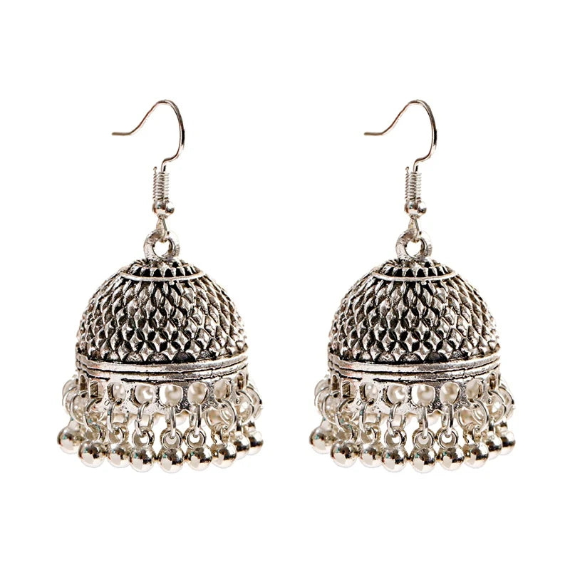 Indian Women's Silver Color Beads Tassel Jhumka Earrings