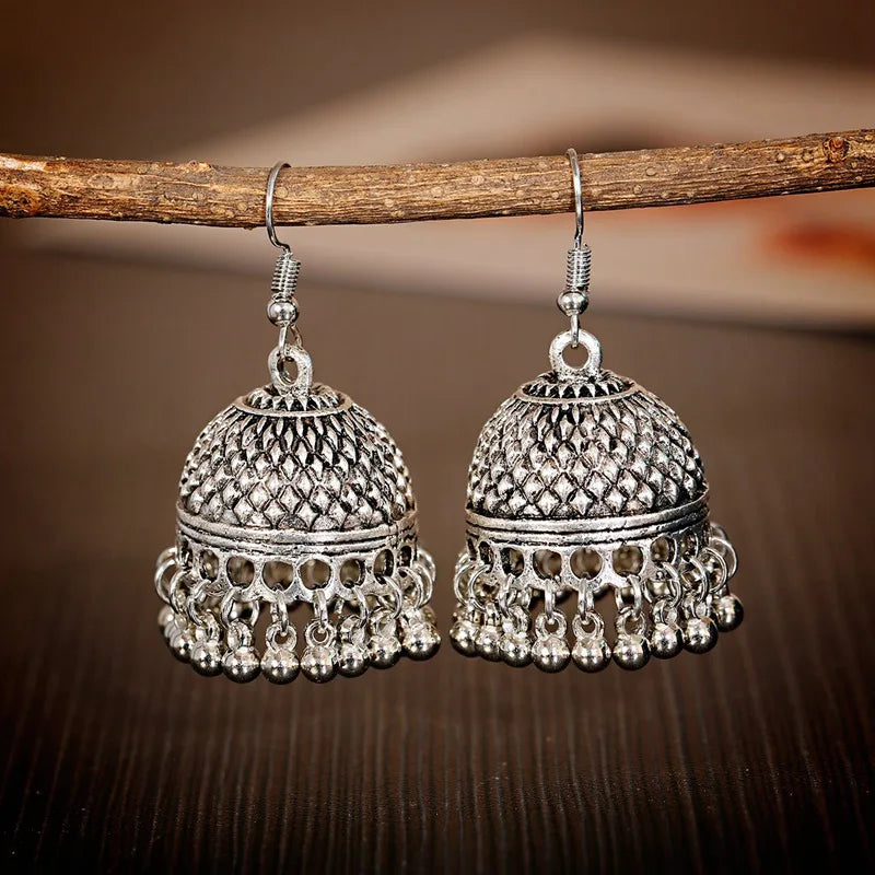 Indian Women's Silver Color Beads Tassel Jhumka Earrings