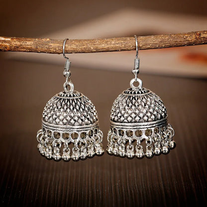 Indian Women's Silver Color Beads Tassel Jhumka Earrings