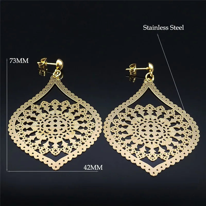 Fashion Bohemia Stainless Steel Big Long Flower Earring Women