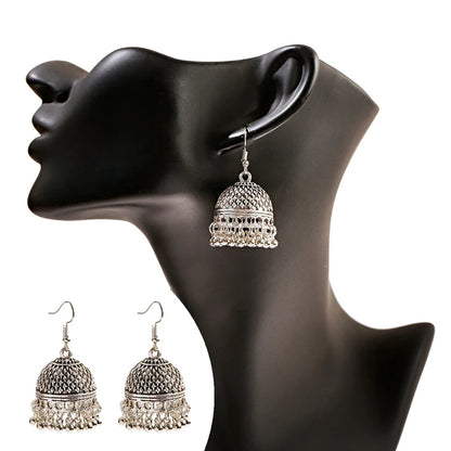 Indian Women's Silver Color Beads Tassel Jhumka Earrings