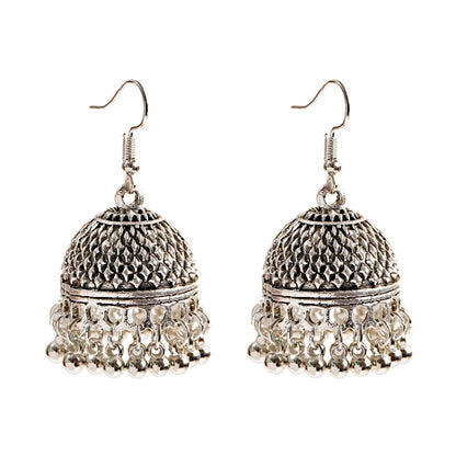 Indian Women's Silver Color Beads Tassel Jhumka Earrings