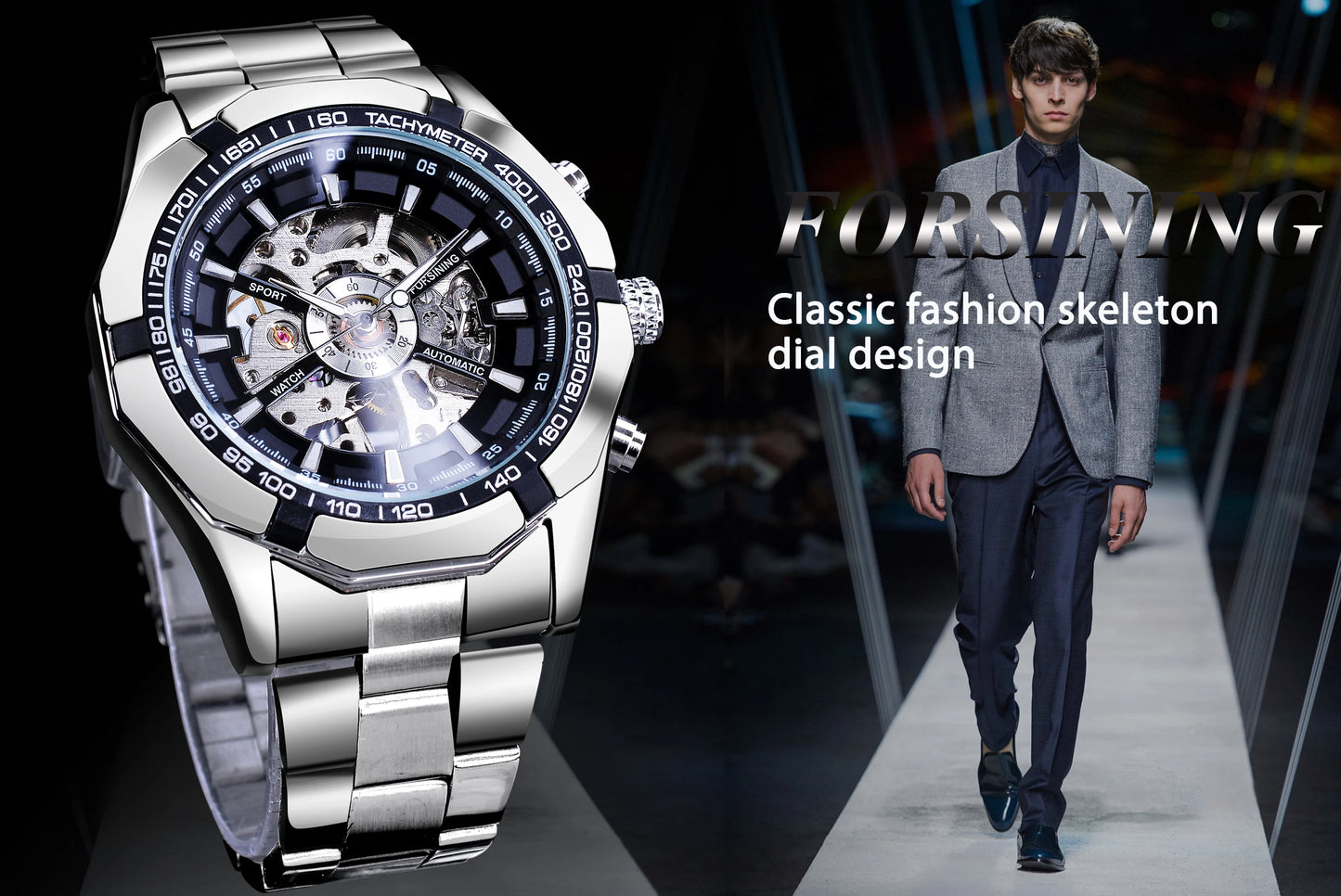 Forsining 2025 Stainless Steel Waterproof Mens Skeleton Watches