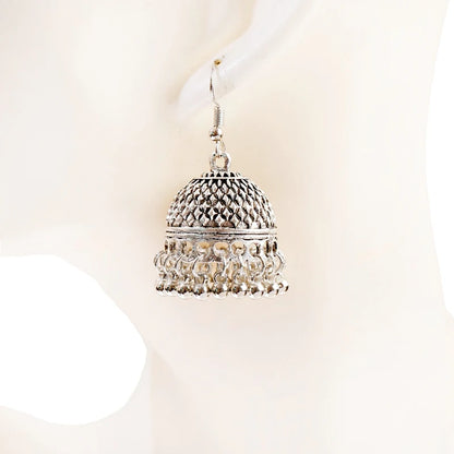 Indian Women's Silver Color Beads Tassel Jhumka Earrings