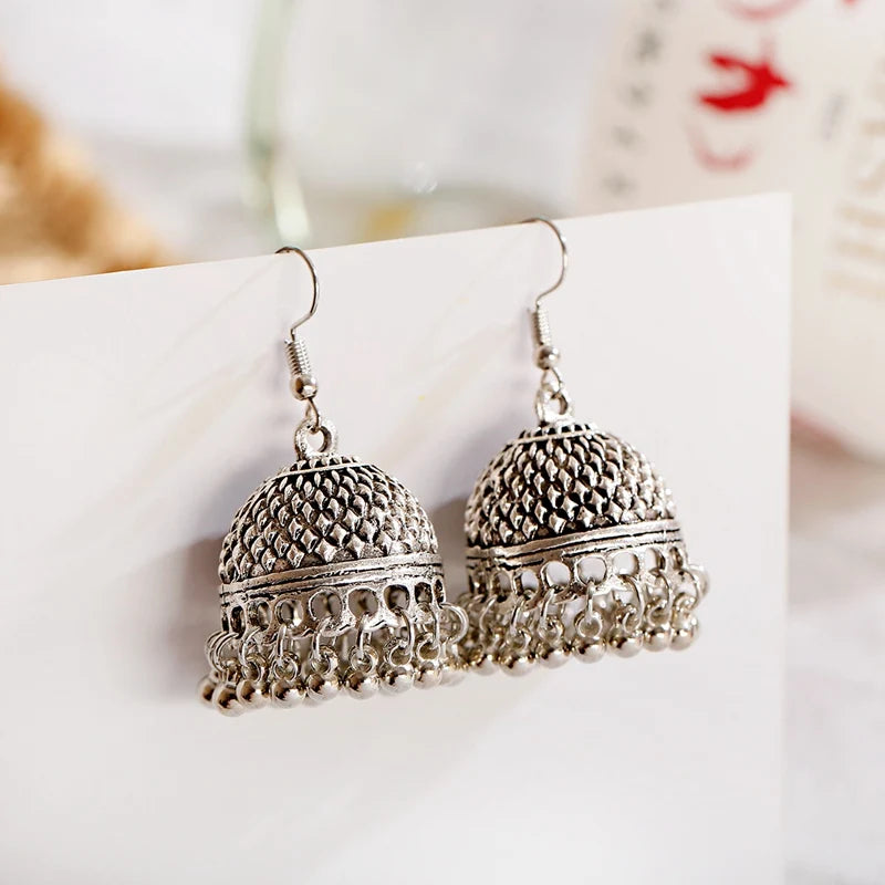 Indian Women's Silver Color Beads Tassel Jhumka Earrings