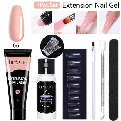 LILYCUTE 7Pcs/Set 15ml Clear Quick Extension Nail Gel with Slip Solution Nail Pusher Nail Clip Brush File Extension Gel Tools