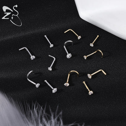 ZS 1PC 18/20G 925 Sterling Silver Nose Stud Gold Color Crystal Nose Piercings