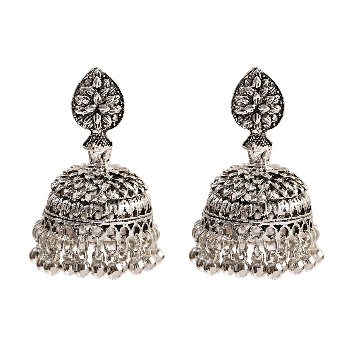 Indian Women's Silver Color Beads Tassel Jhumka Earrings