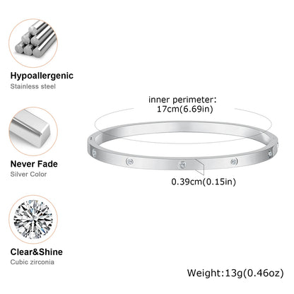 Luxurious Cubic Zircon Openable Bracelet for Women ,Stainless Steel Round Bangle Bracelets,Charm Jewelry Gifts