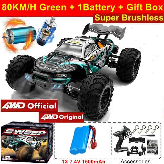 1:16 80km/h Brushless RC Drift Car With LED Lights 4WD Electric High Speed Racing Remote Control Monster Truck for Kids Adults