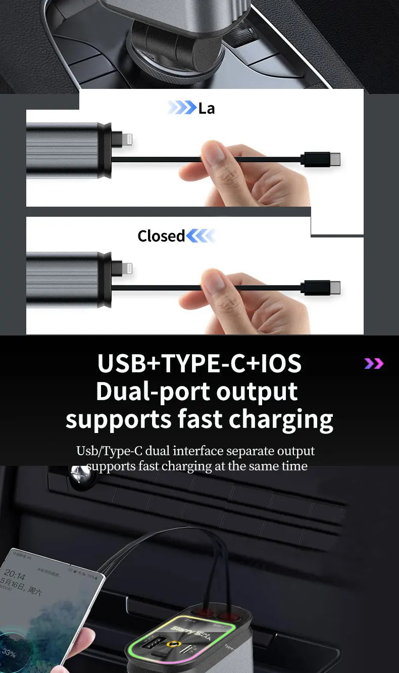 4-in-1 PD30W Car Fast Charger USB Type-C Power Adapter Retractable Phone Charger With Roof Starlight For IOS Android Phones