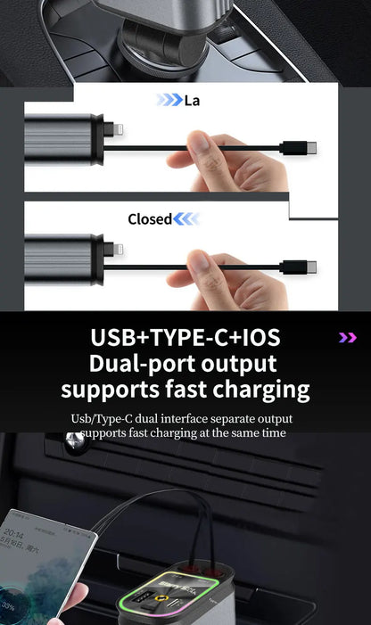 4-in-1 PD30W Car Fast Charger USB Type-C Power Adapter Retractable Phone Charger With Roof Starlight For IOS Android Phones