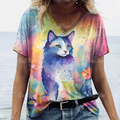 Summer Women's T Shirt Cat Print Casual Short Sleeve 3d T-Shirts