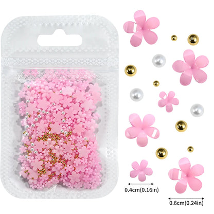 5G (450pcs) White Pink Blossom Spring Acrylic Flower Nail Rhinestones Mixed Pearl Beads 3D Floral Nail Gems White Resin Nail Par