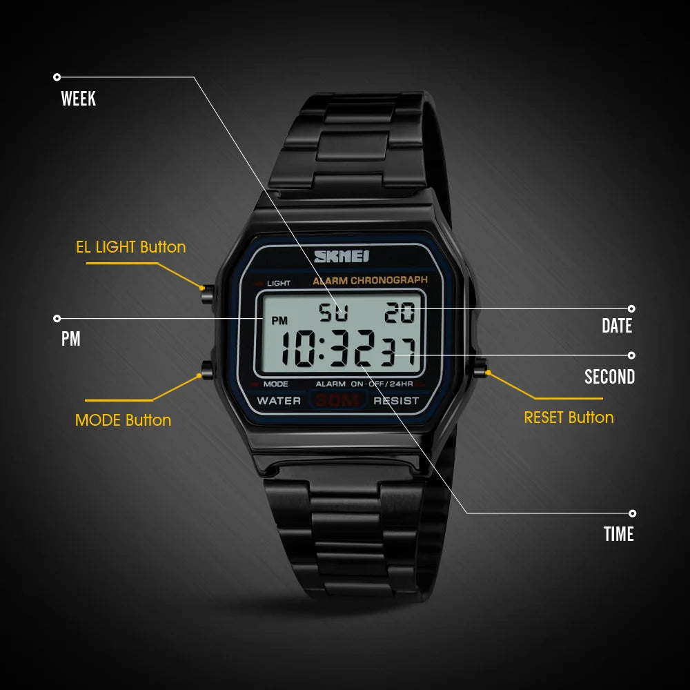 SKMEI 1123 3Bar Waterproof Digital Watch reloj hombre for Casual Sport  Fashion Men Stainless Steel Strap LED Display Watches