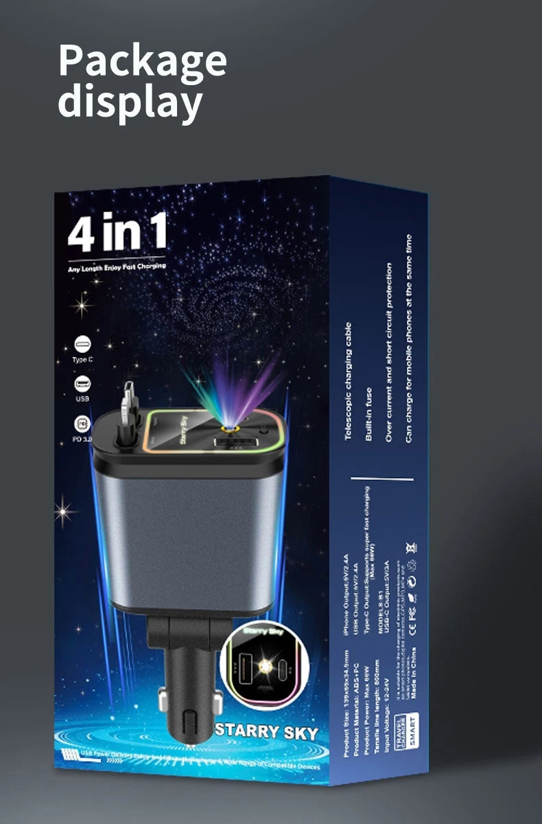 4-in-1 PD30W Car Fast Charger USB Type-C Power Adapter Retractable Phone Charger With Roof Starlight For IOS Android Phones