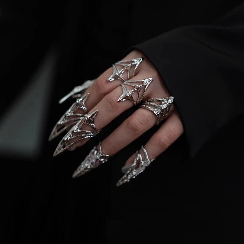 Punk Metal Nail Cover Bone Ring Gothic Rock Machinery Manicure Fingertip Ring Multilayer Finger Rings Cosplay Jewelry Set Gift