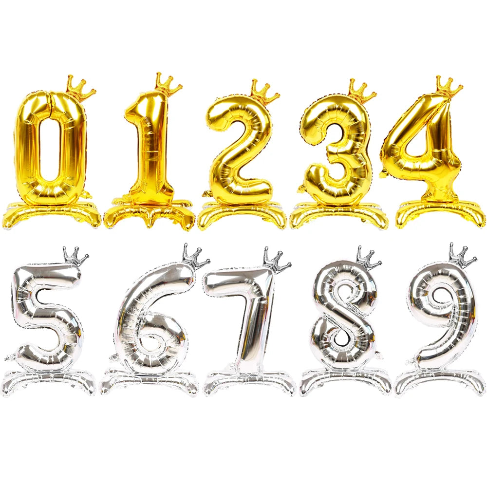 32 Inch Gold Number Stand Foil Balloons with Crown Digital Figures Globos 0-9 Birthday Party