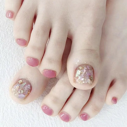 24pcs Fake Toenails French Full Cover Cat Eye Short Square Toe Nails Foot Nails Tips for Women Girl Sparkling Powder Fake Nails